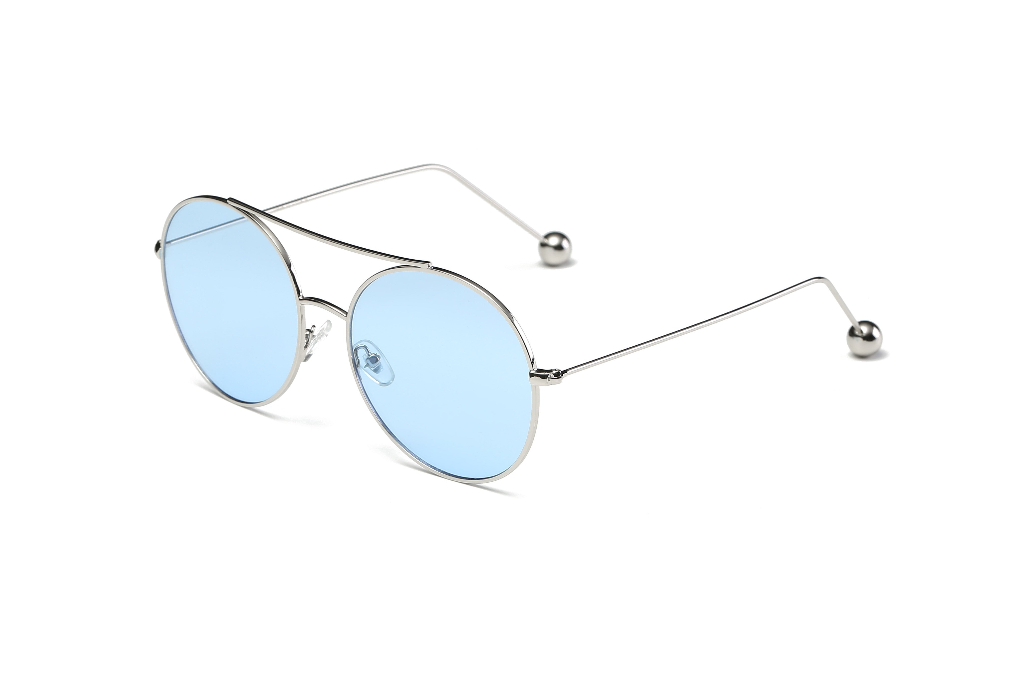 S1016 - Unisex Round Tinted Lens Sunglasses Blue lens with silver frame