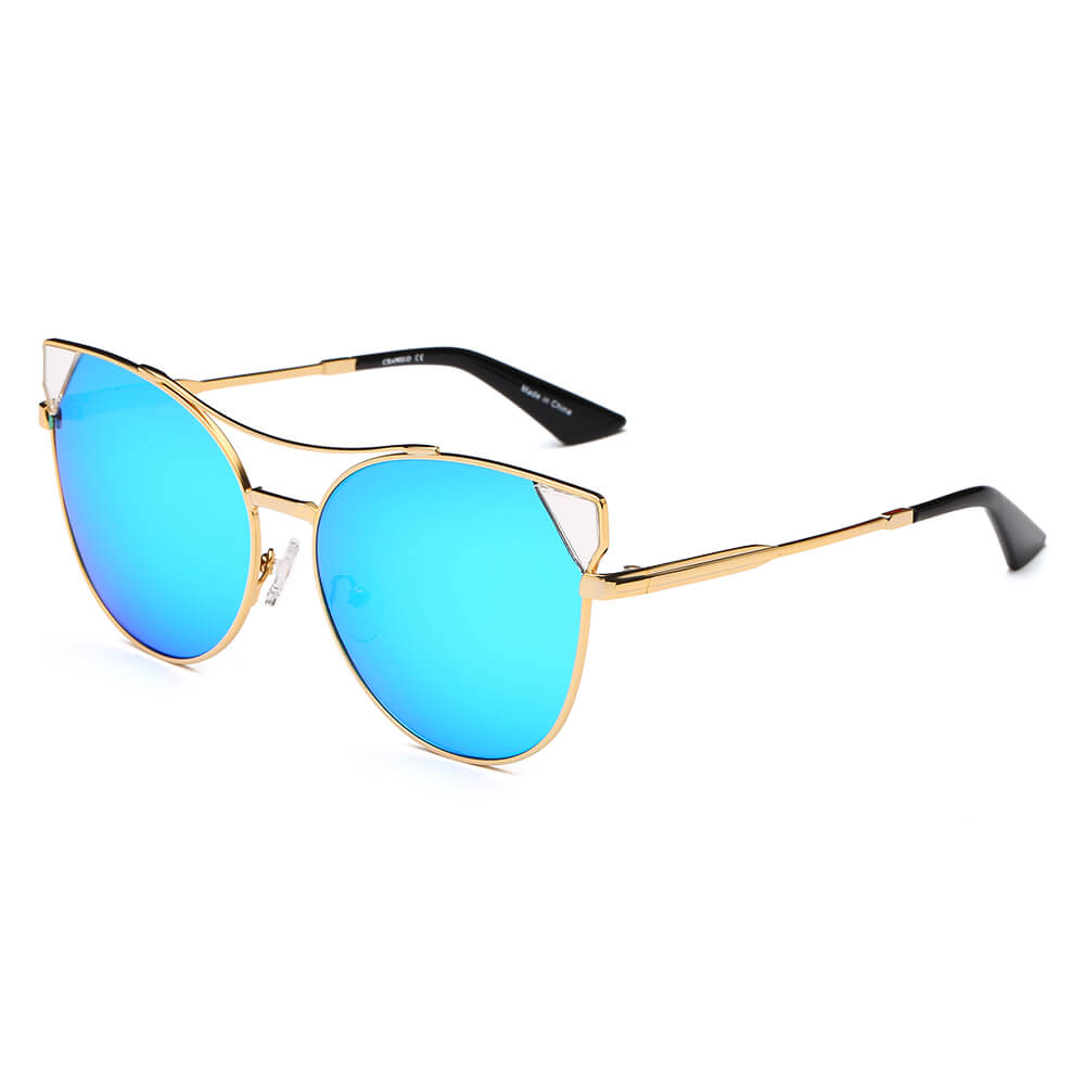 CA02 - Women Round Cat Eye Mirrored Fashion Sunglasses Gold - Icy Blue