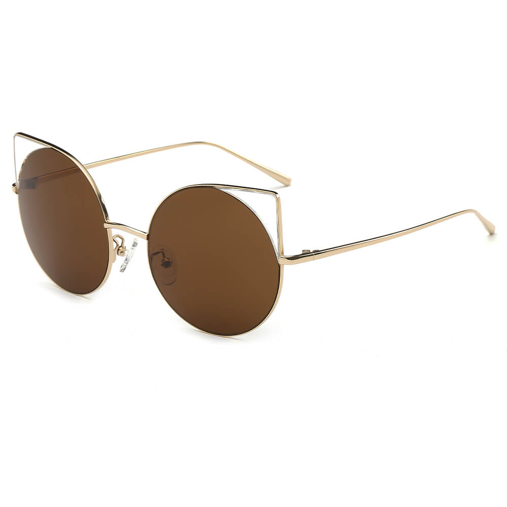 CA03 - Women Mirrored Lens Round Cat Eye Sunglasses Gold - Brown