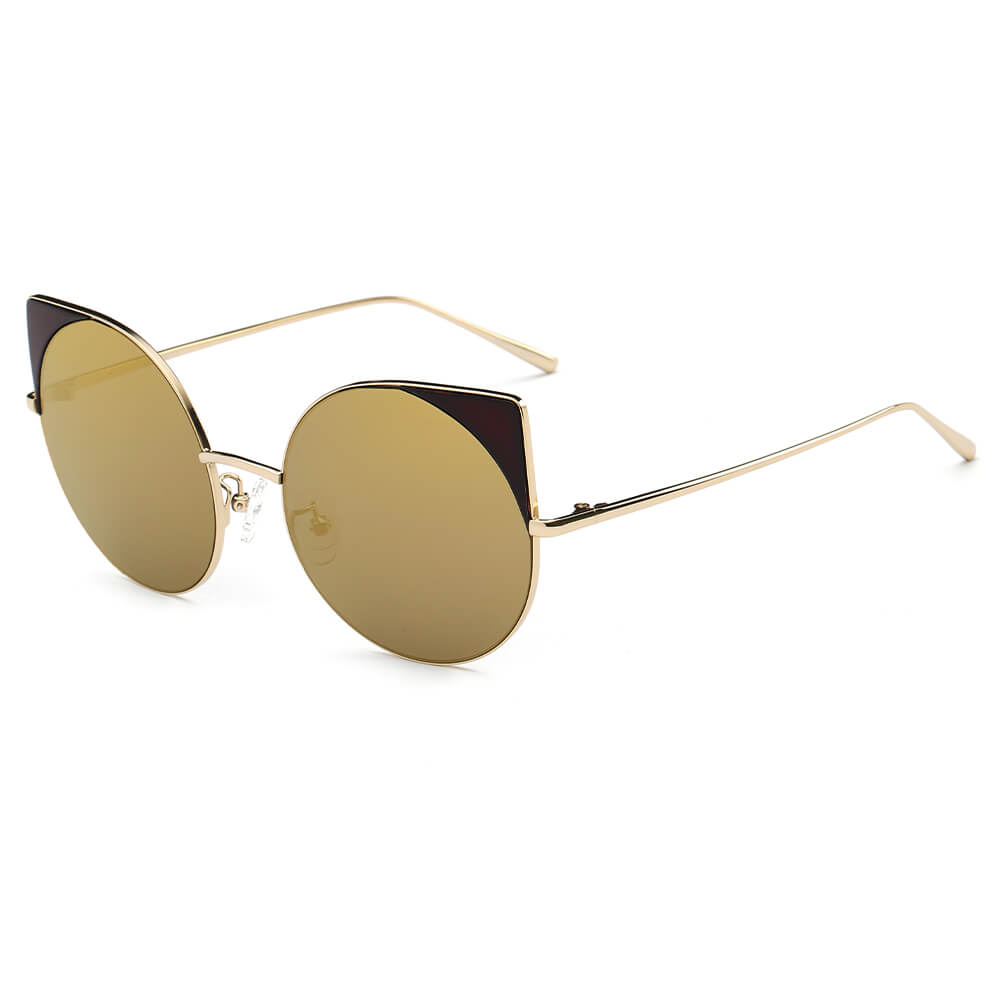 CA03 - Women Mirrored Lens Round Cat Eye SUNGLASSES Gold - Amber