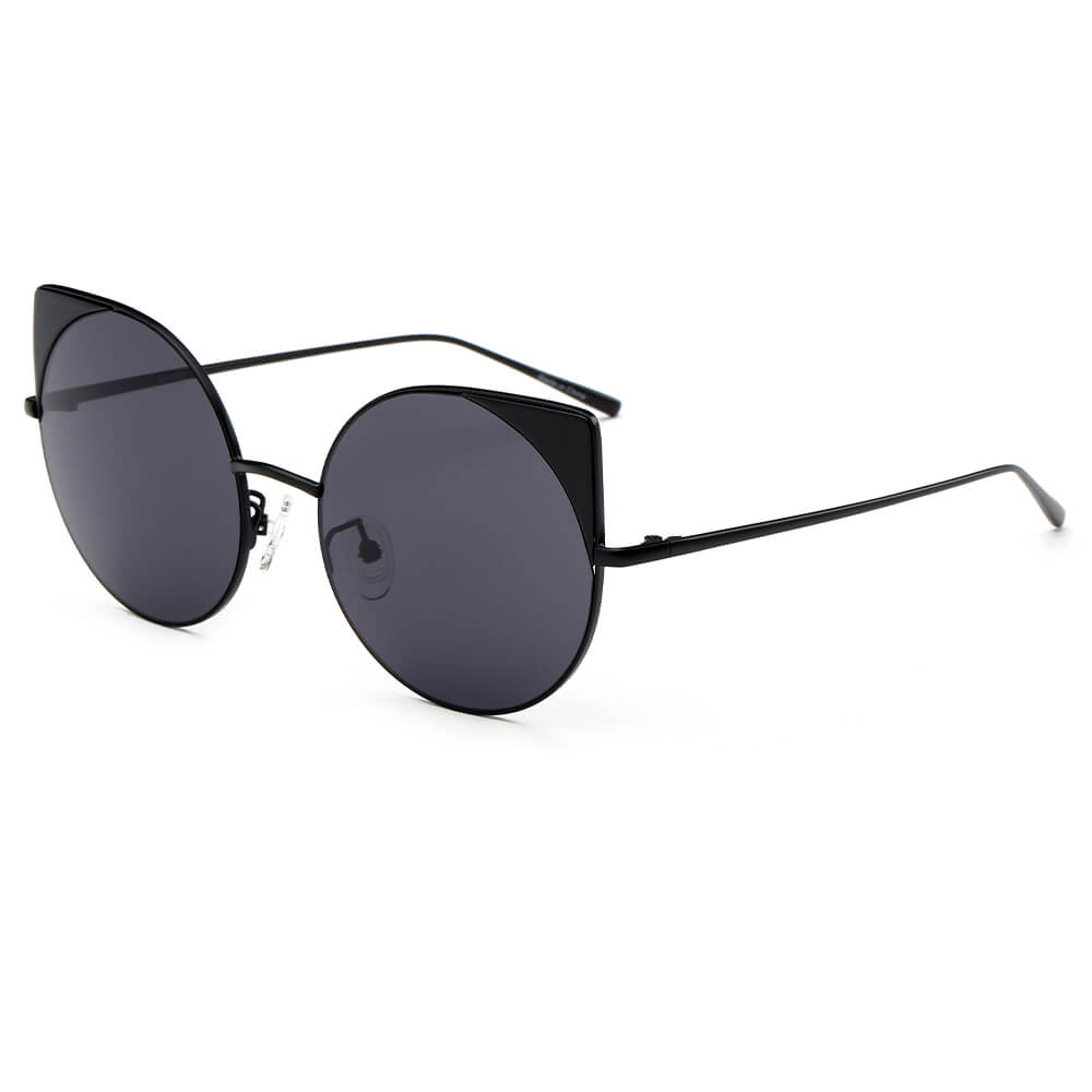 CA03 - Women Mirrored Lens Round Cat Eye SUNGLASSES Black - Black