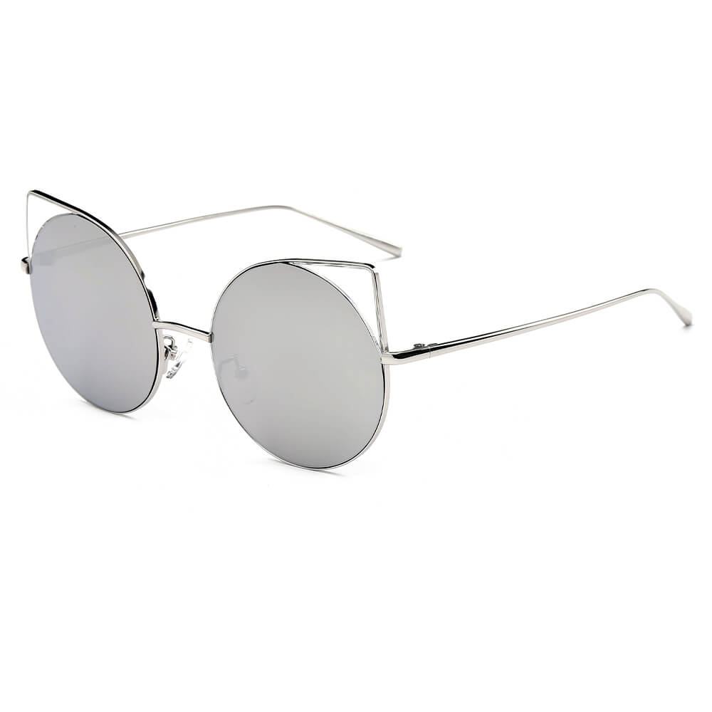 CA03 - Women Mirrored Lens Round Cat Eye SUNGLASSES Silver - Platinum