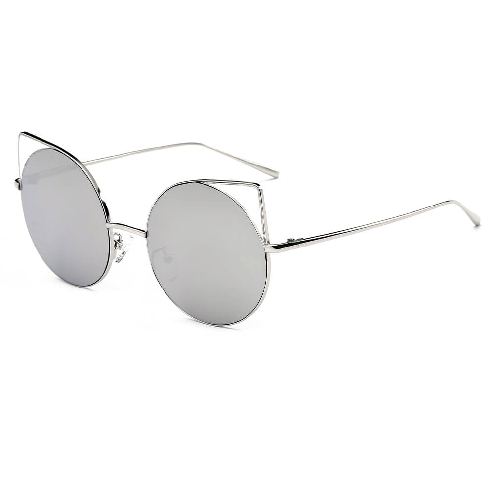 CA03 - Women Mirrored Lens Round Cat Eye Sunglasses Silver - Platinum