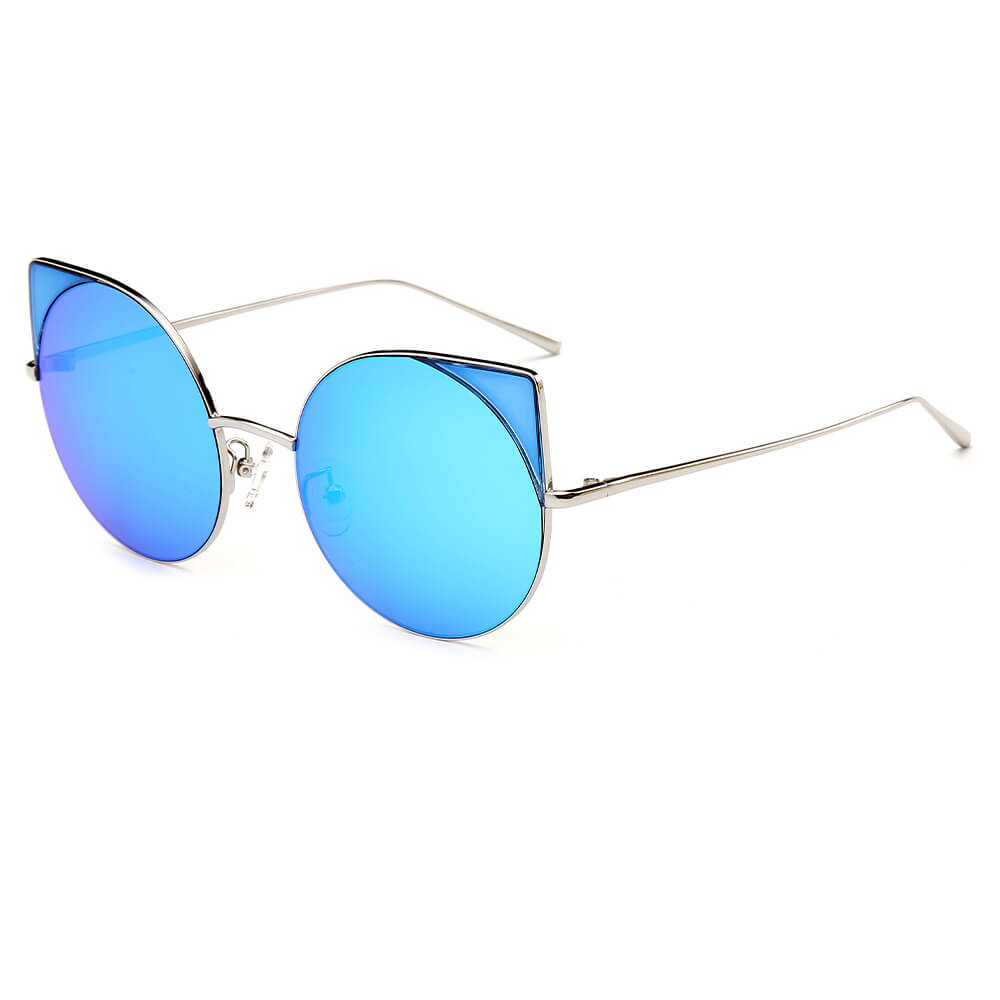 CA03 - Women Mirrored Lens Round Cat Eye SUNGLASSES Silver - Icy Blue