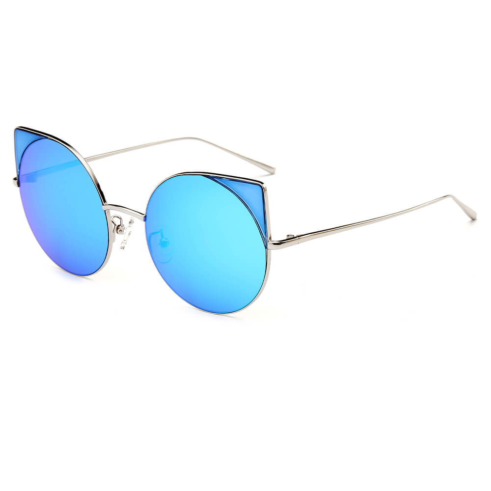 CA03 - Women Mirrored Lens Round Cat Eye Sunglasses Silver - Icy Blue