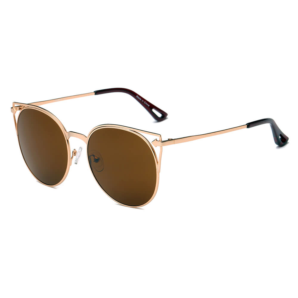 CA04 - Women Round Cat Eye Sunglasses Matte Gold - Brown