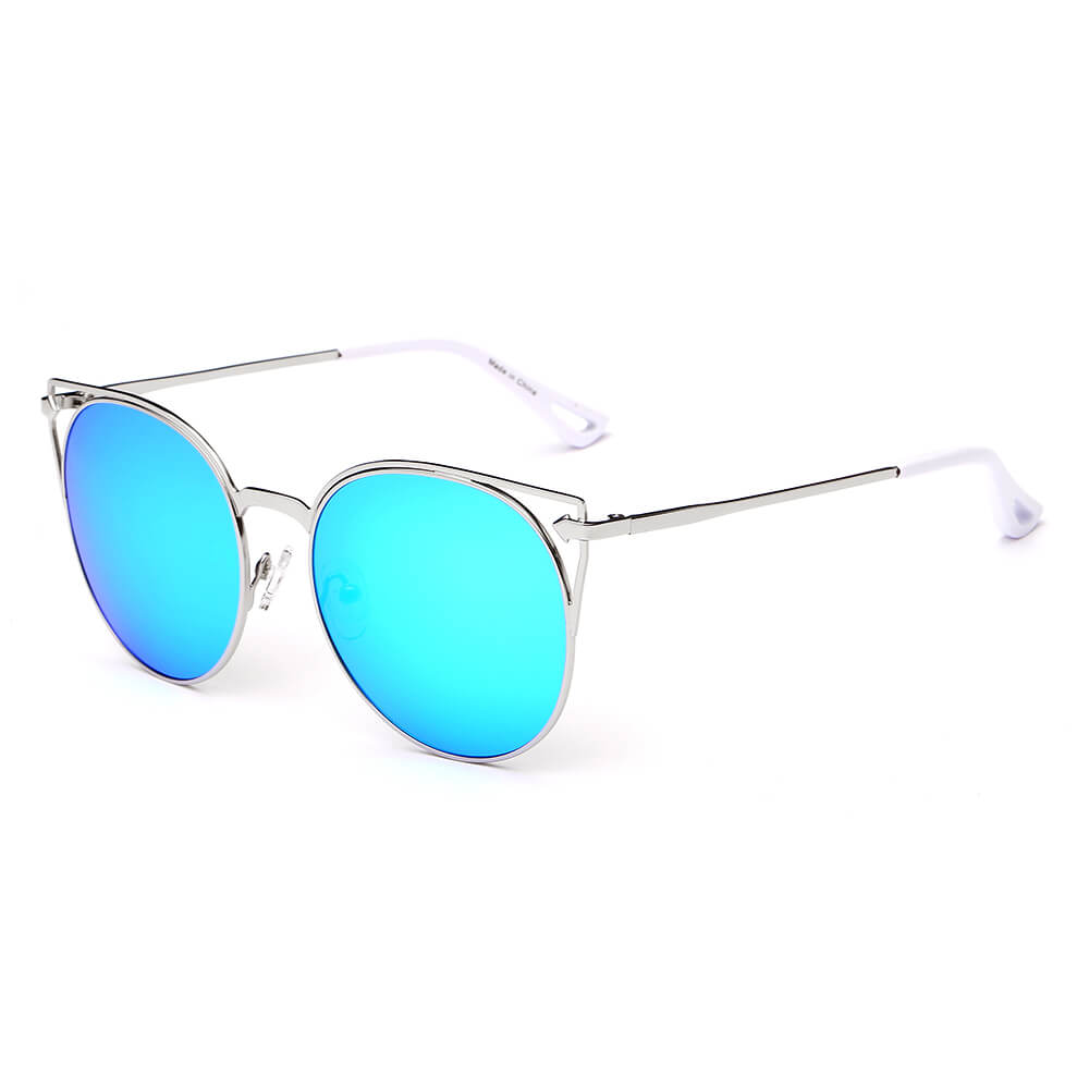 CA04 - Women Round Cat Eye Sunglasses Silver - Icy Blue