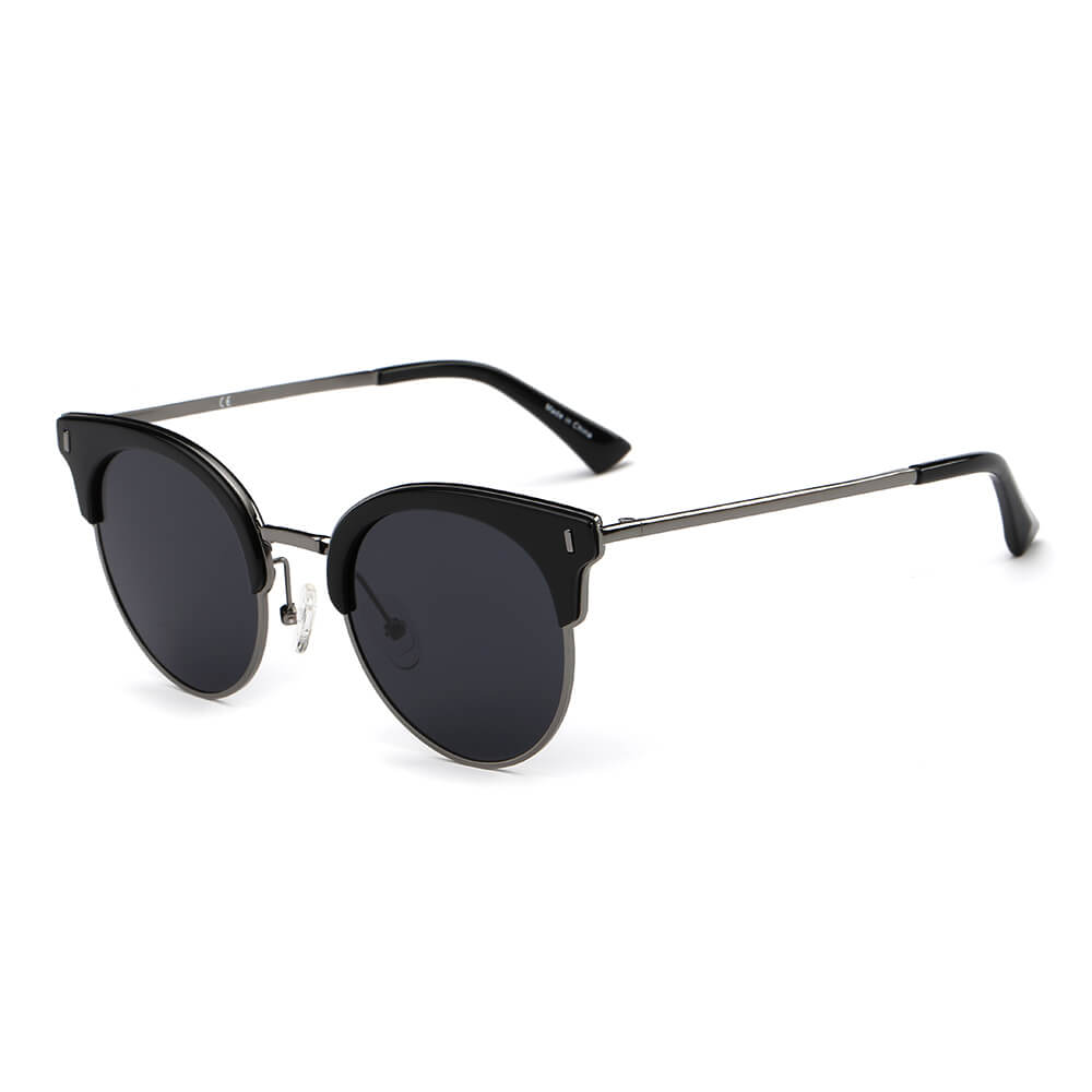 CA05 - Women Half Frame Round Cat Eye POLARIZED SUNGLASSES Black