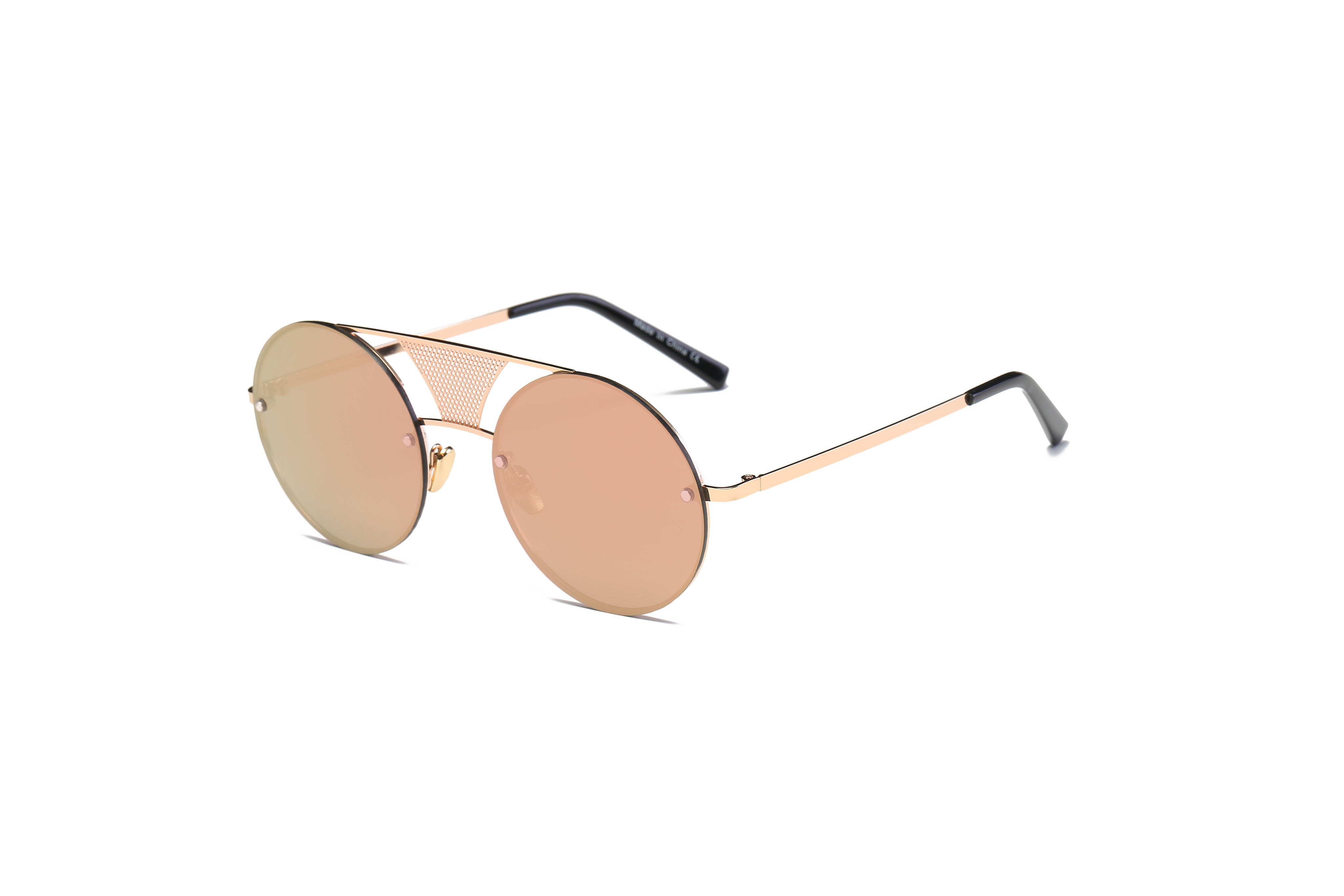 S2012 - Retro Round Brow-Bar Circle Fashion WHOLESALE SUNGLASSES Gold Frame - Peach Lens