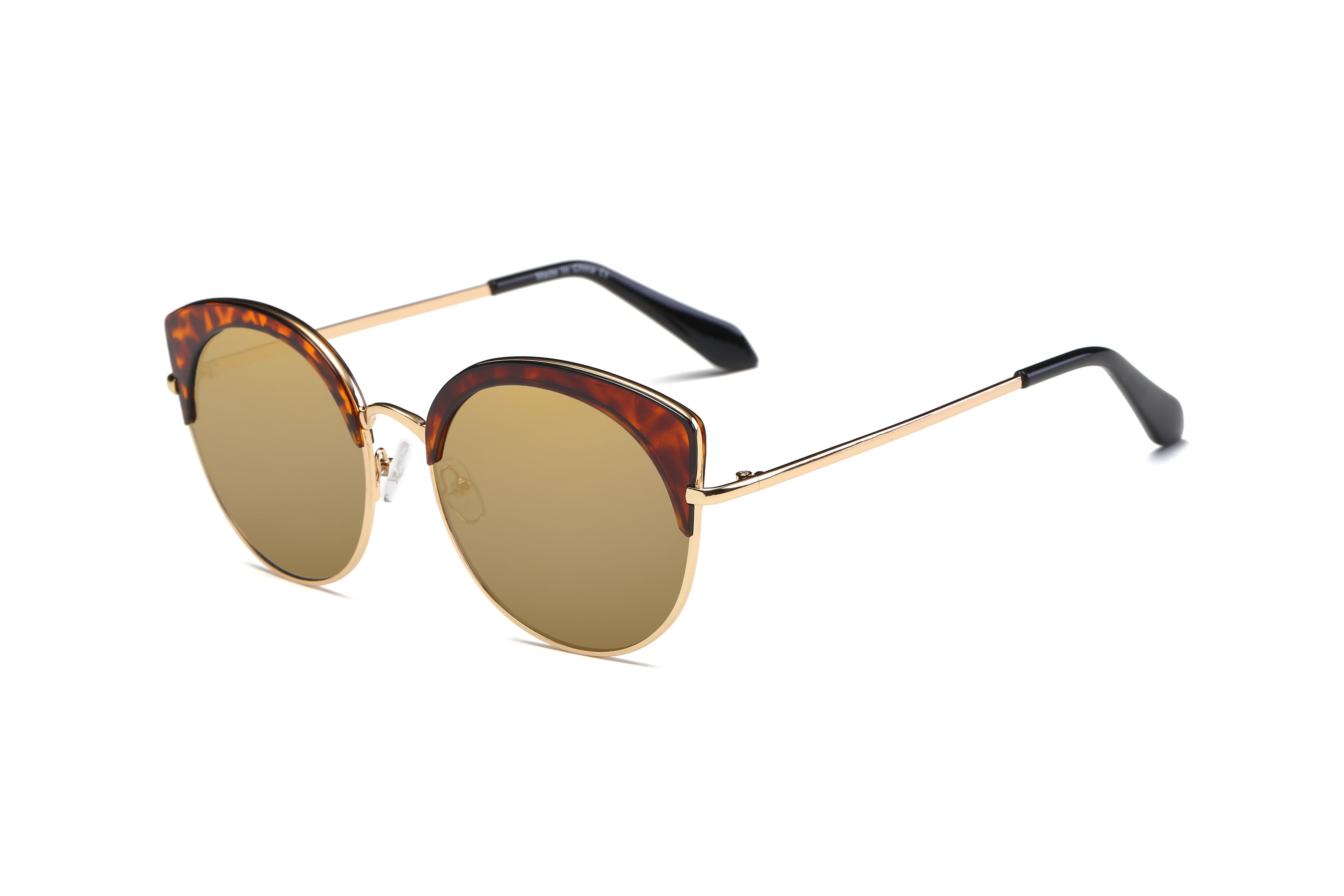 S2011 - Round Chic Half FRAME Fashion Cat Eye Women Wholesale Sunglasses Tortoise Rims - Tan Lens