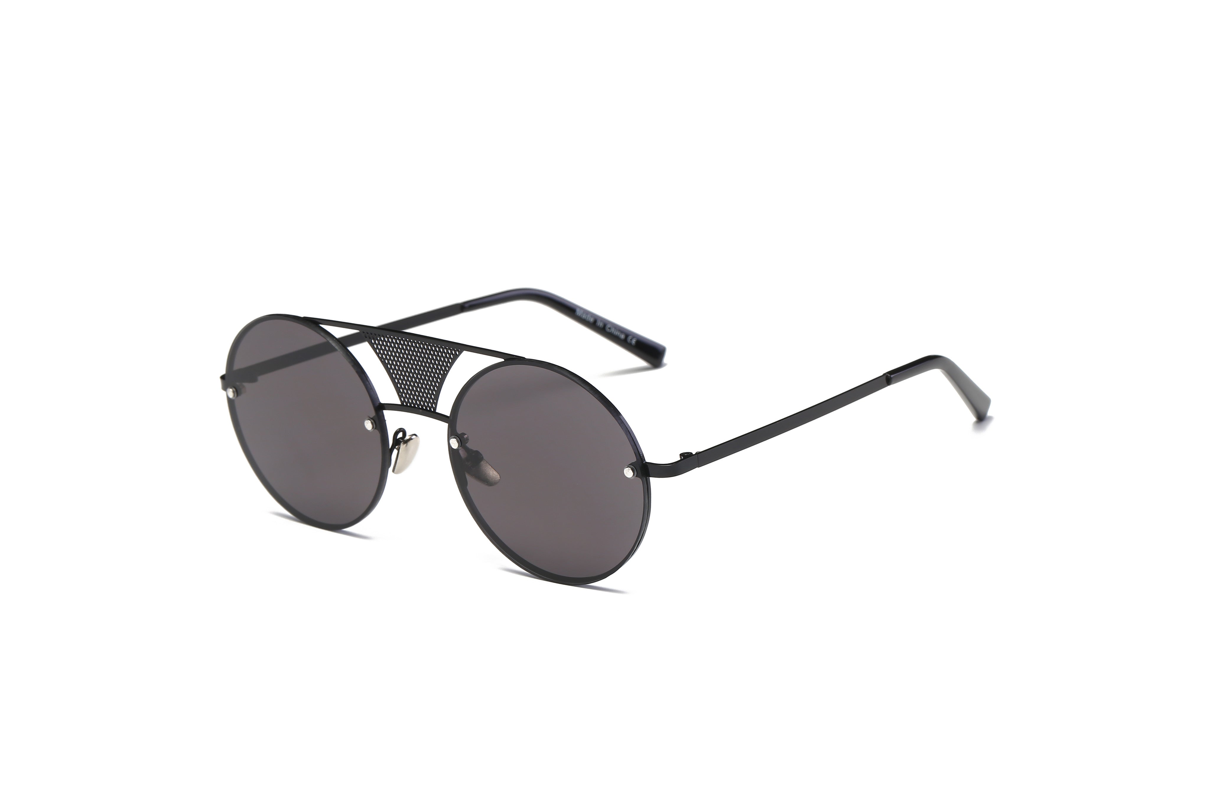 S2012 - Retro Round Brow-Bar Circle Fashion Wholesale Sunglasses Black FRAME - Black Lens