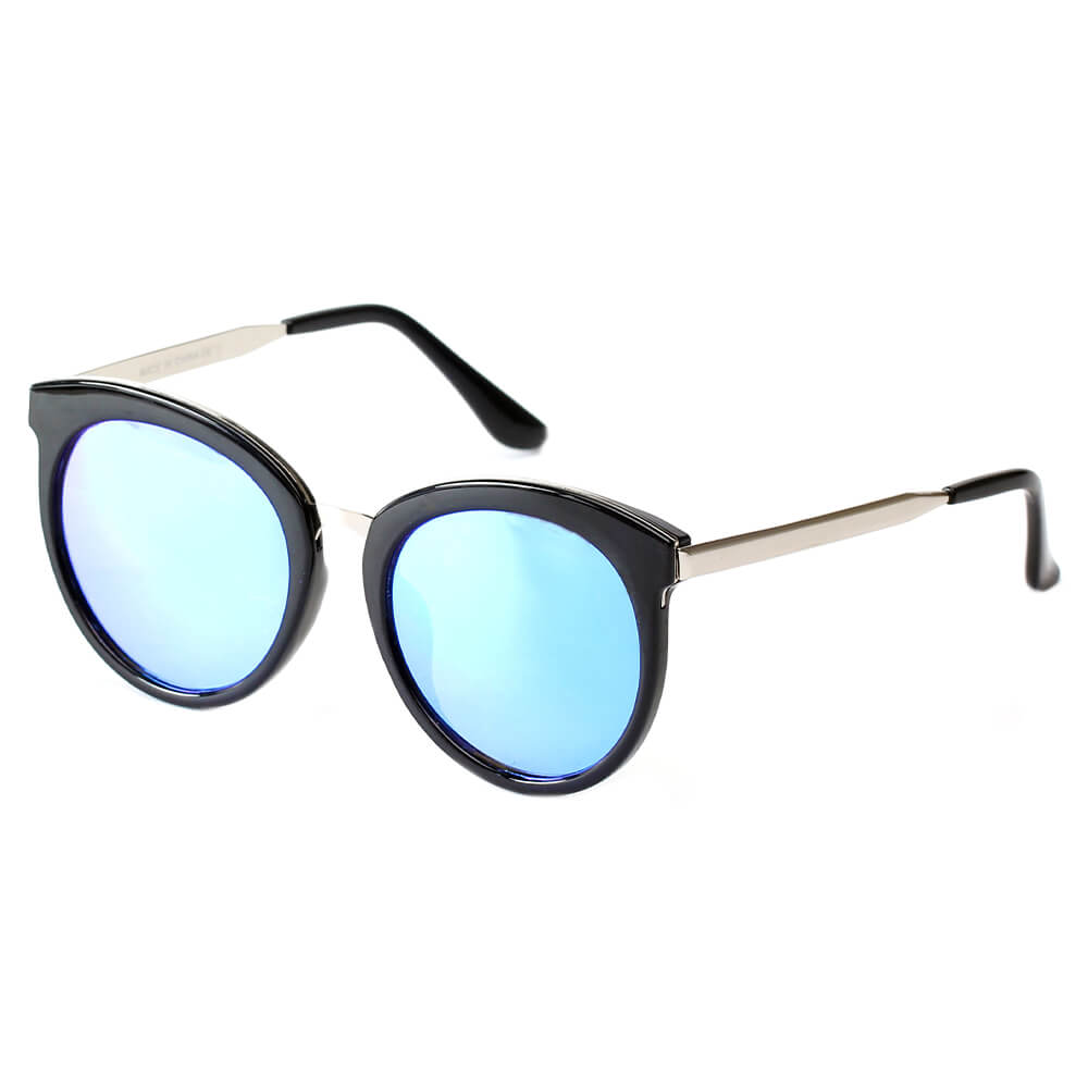 CD04 VINTAGE Oversize Round Mirrored Lens Horned Rim Sunglasses Sky Blue