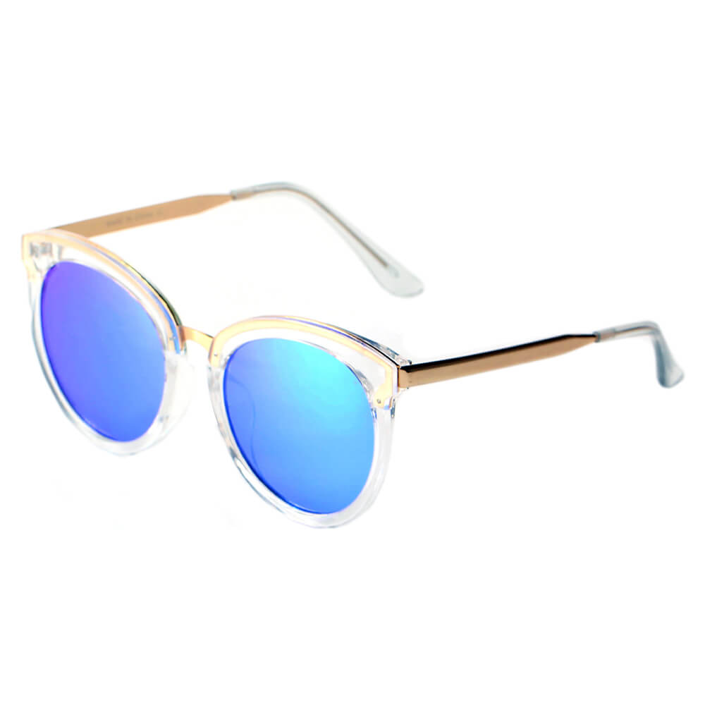 CD04 VINTAGE Oversize Round Mirrored Lens Horned Rim Sunglasses Blue