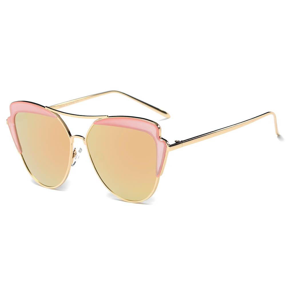 CD11 Women's Brow Bar Mirrored Lens Cat Eye SUNGLASSES Peach/Pink