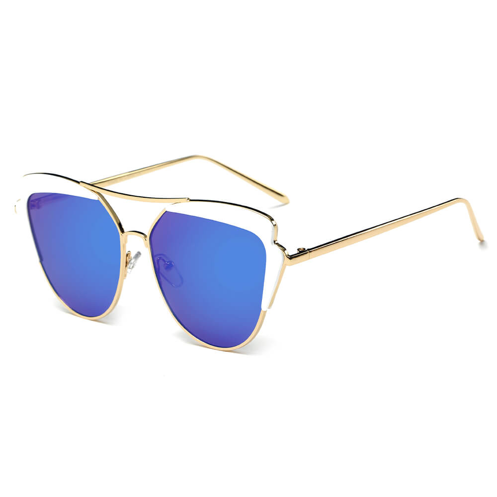 CD11 Women's Brow Bar Mirrored Lens Cat Eye Sunglasses Blue