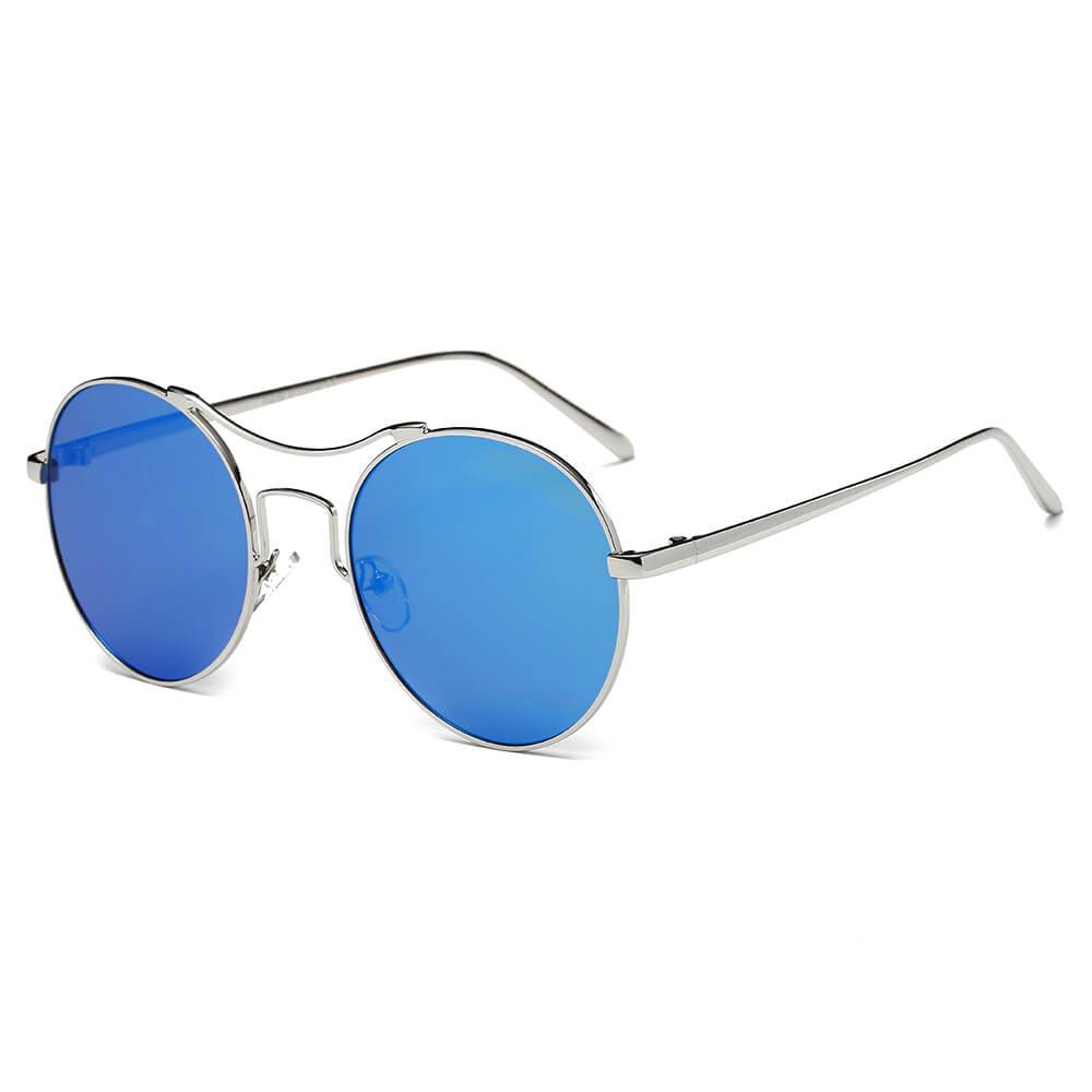 CD16 - Round Retro Reflective Fashion Circle Mirrored Sunglasses Silver - Blue