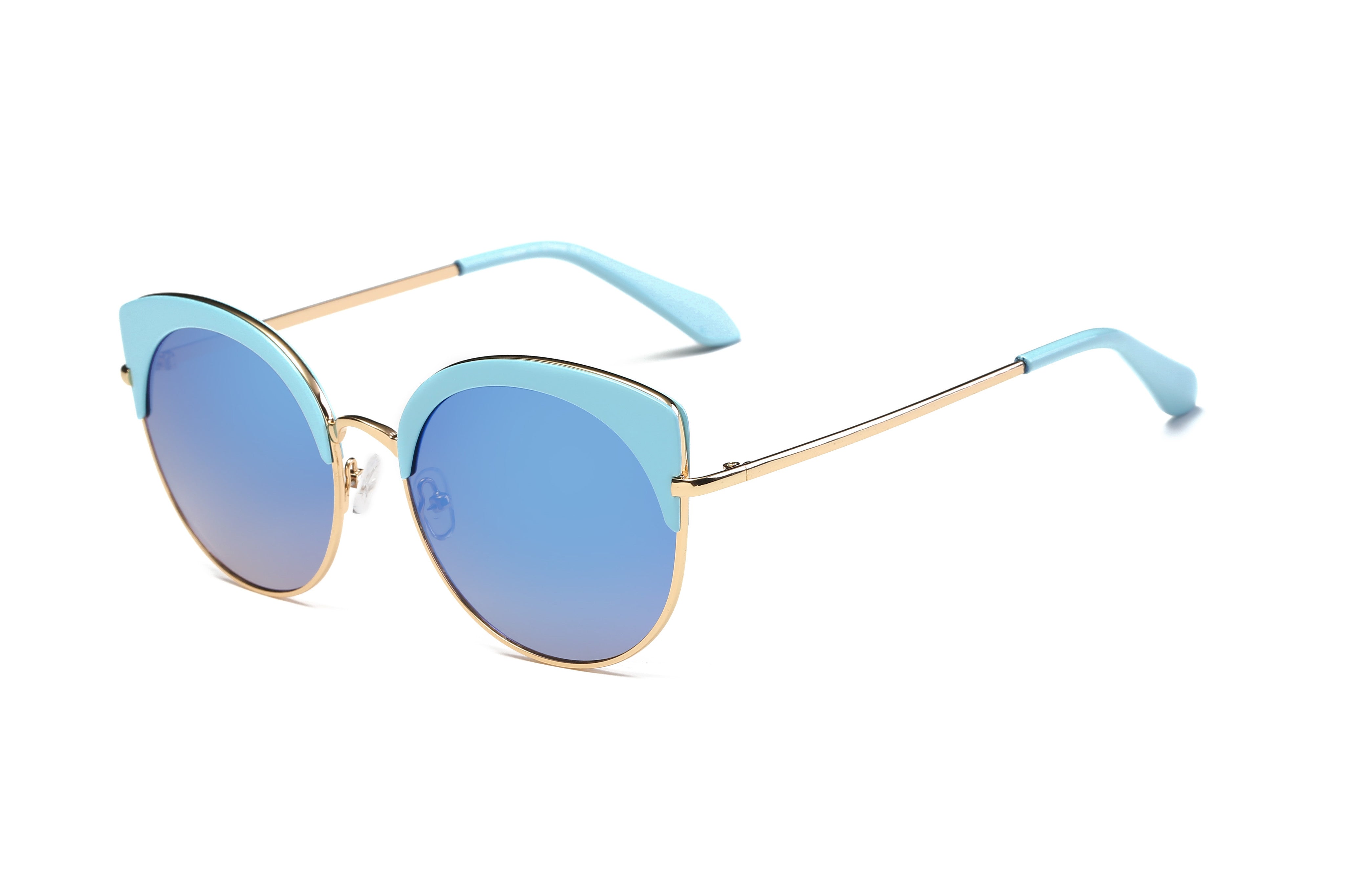 S2011 - Round Chic Half Frame FASHION Cat Eye Women Wholesale SUNGLASSES Light Blue Rims - Blue Lens