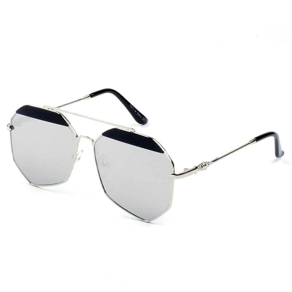 CD17 Geometric Flat Lens Hexagonal Metal Frame SUNGLASSES Silver - Platinum