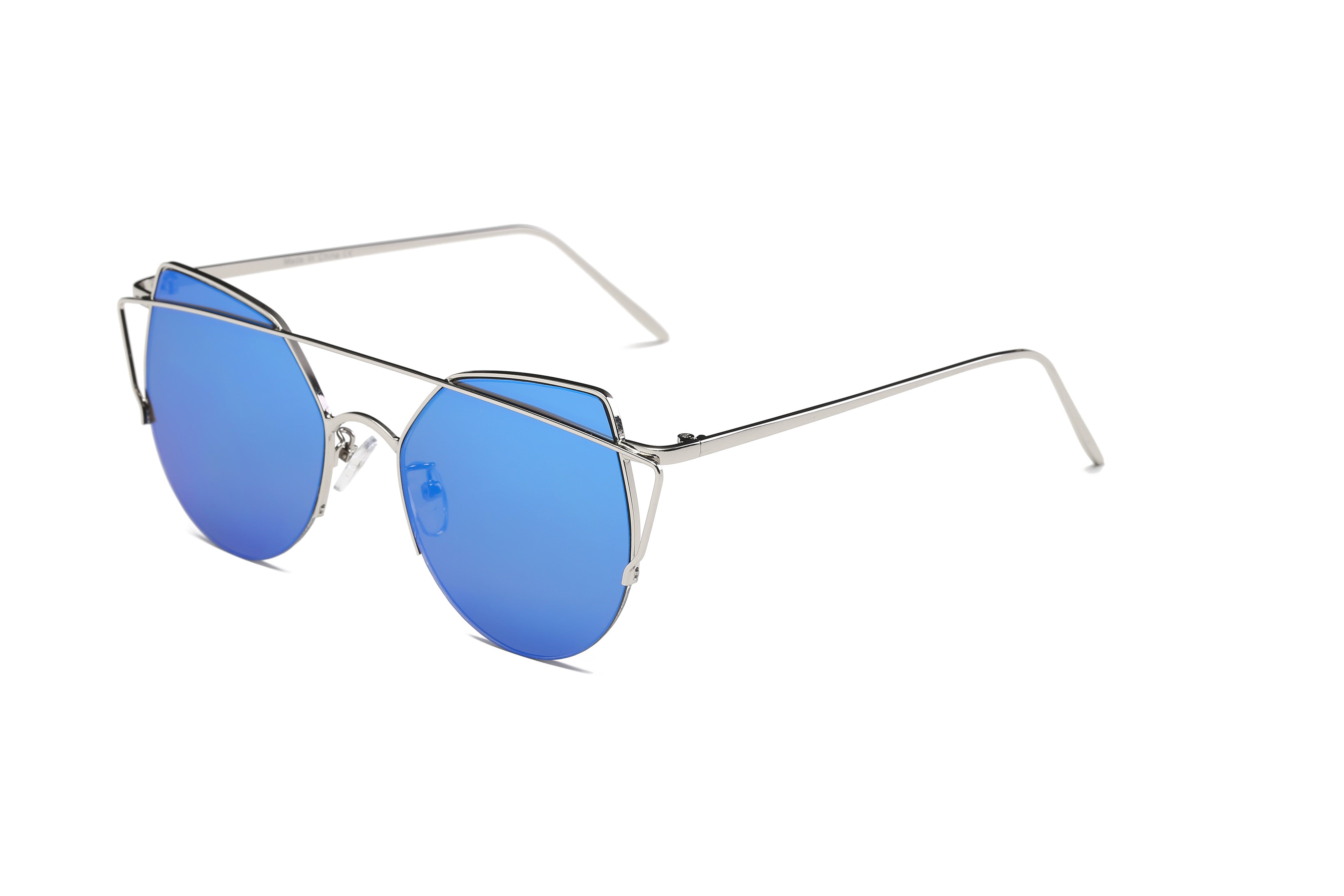 D70 - Women High Pointed Cat Eye Fashion Mirrored SUNGLASSES Silver Frame - Blue Lens