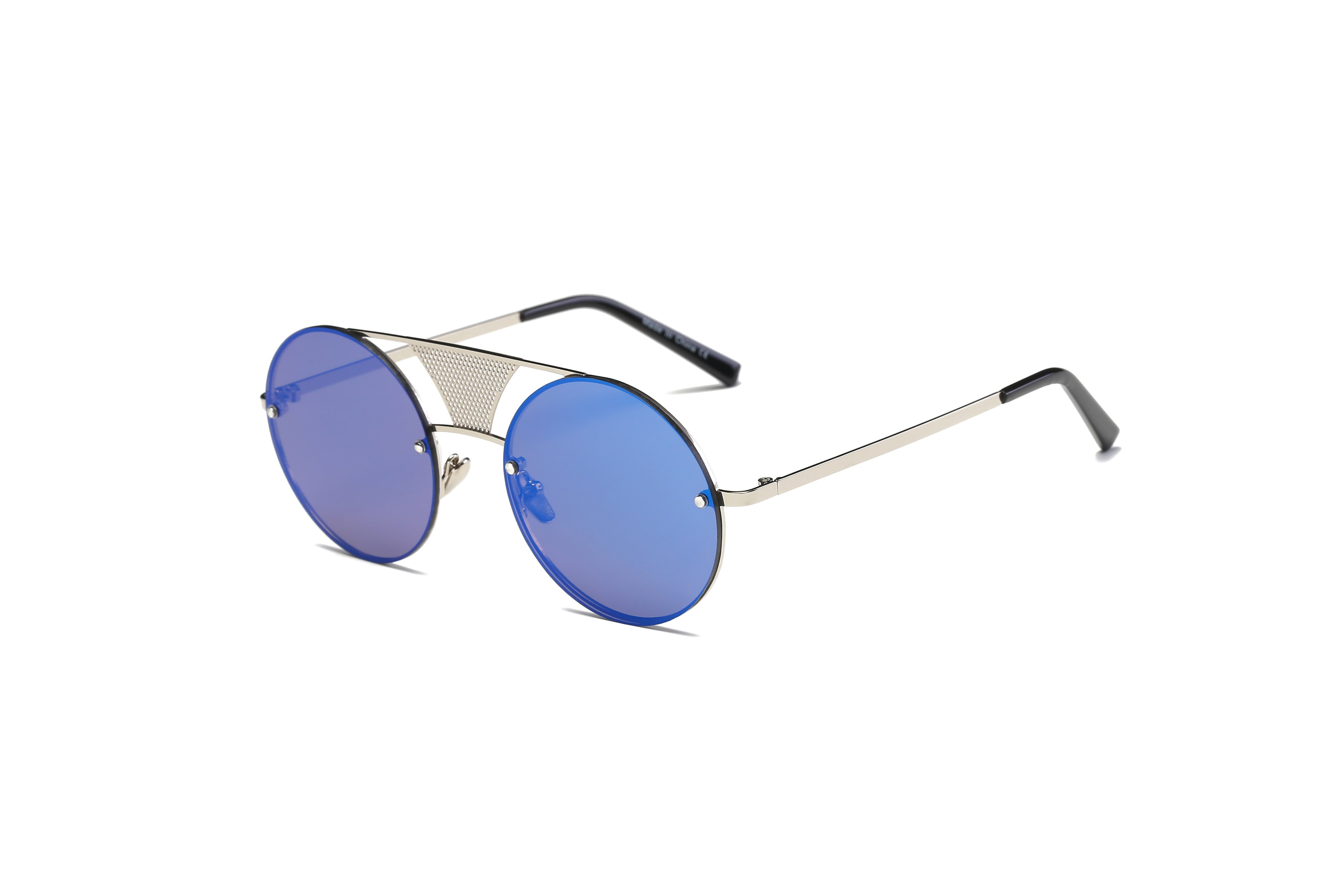 S2012 - Retro Round Brow-Bar Circle Fashion WHOLESALE SUNGLASSES Silver Frame - Blue Lens