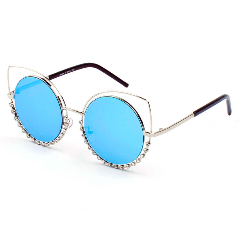 A21 Women Pearl-Studded Cut-Out Cat Eye SUNGLASSES Silver - Icy Blue