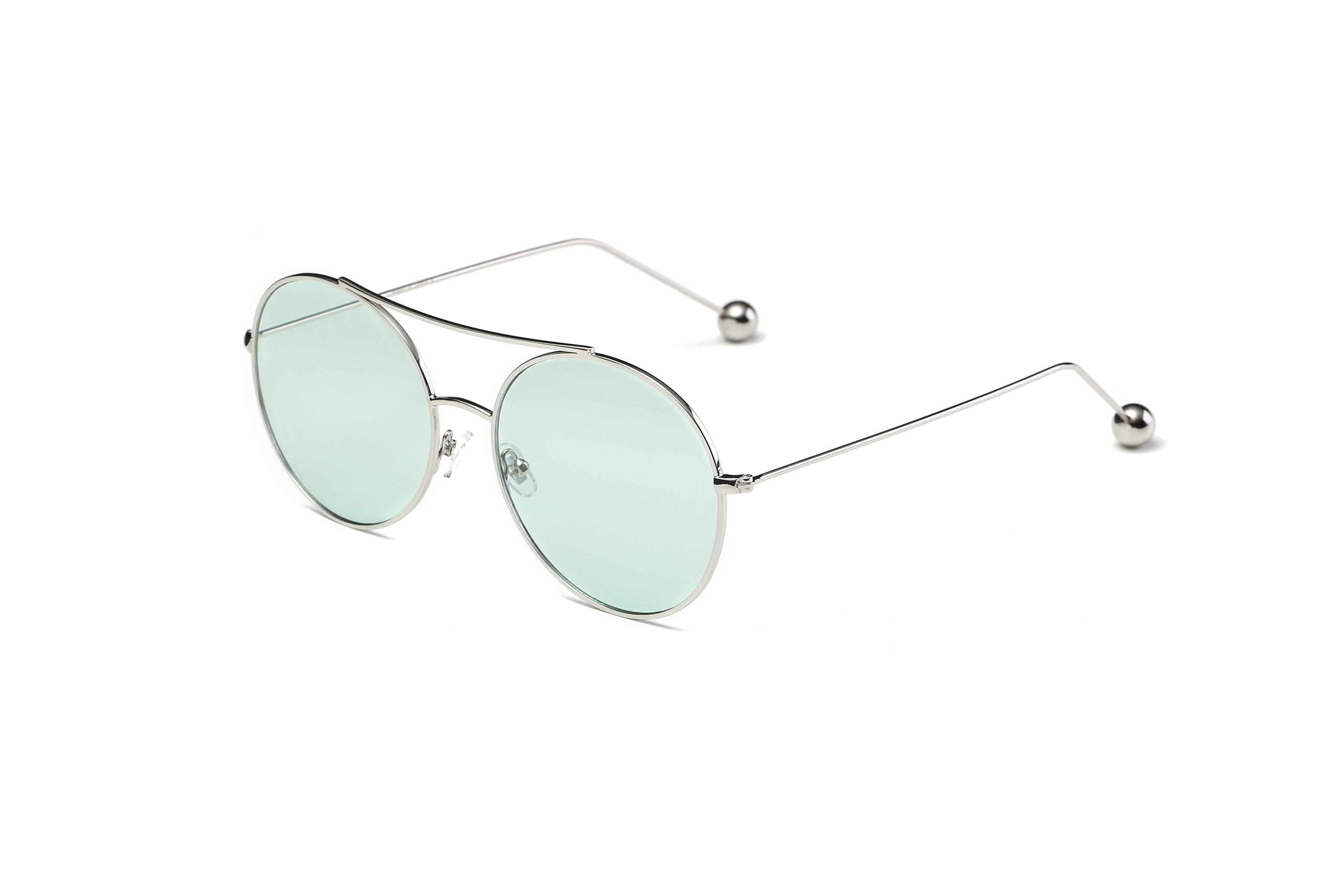 S1016 - Unisex Round Tinted Lens Sunglasses Green lens with silver FRAME