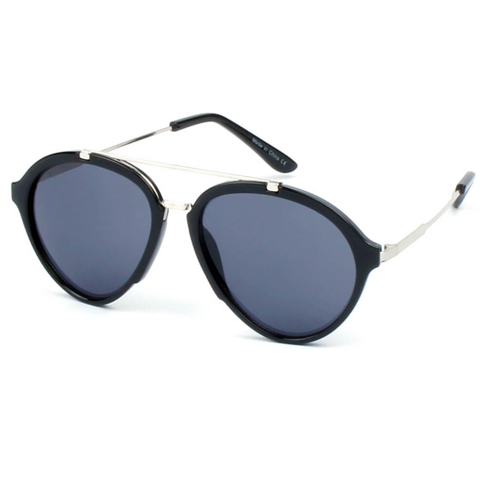 D19 - Round Brow-Bar Tear Drop FASHION SUNGLASSES Silver - Black