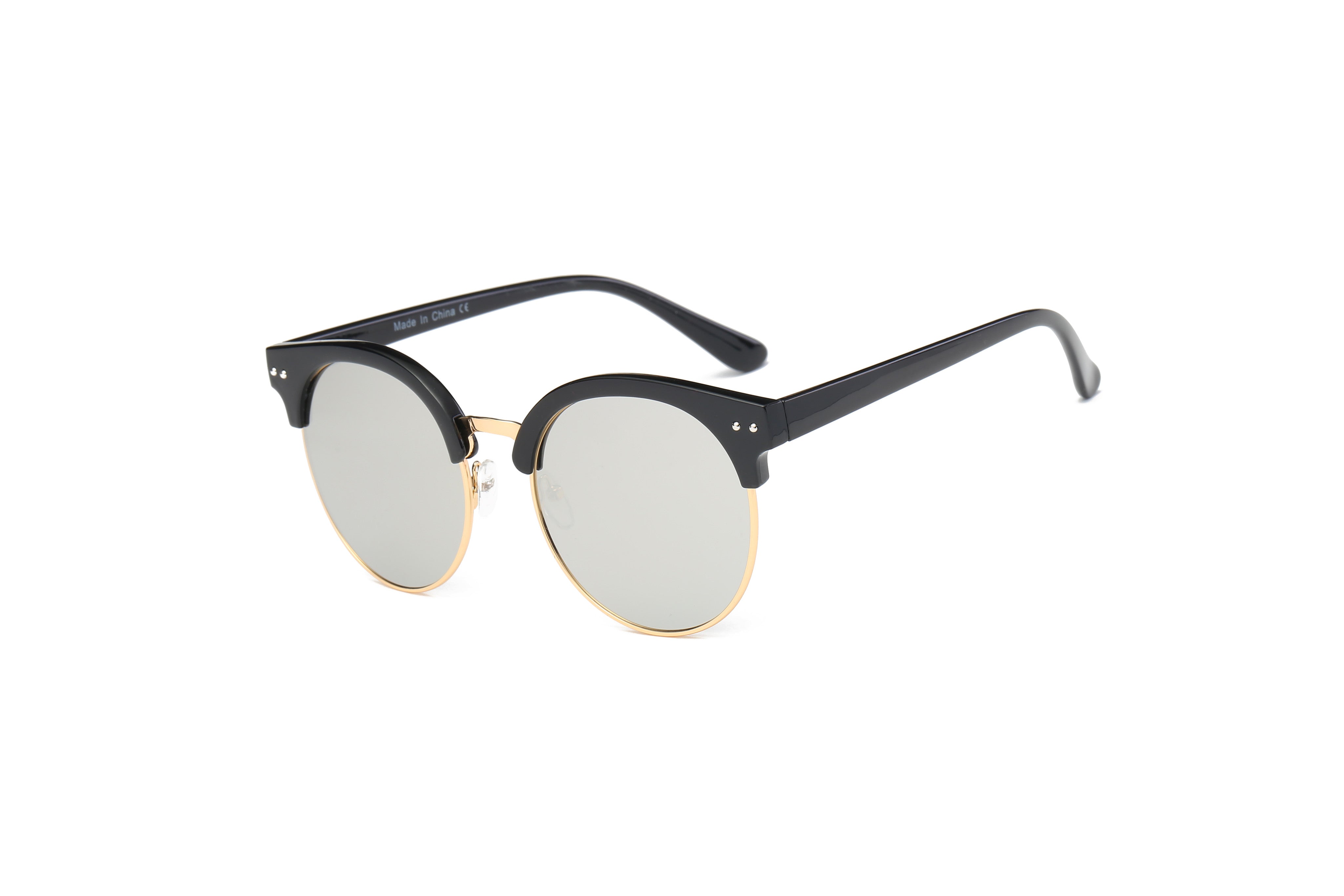 D66 - Retro Fashion Round Clubmaster Flat Lens Sunglasses Black FRAME - Silver Lens