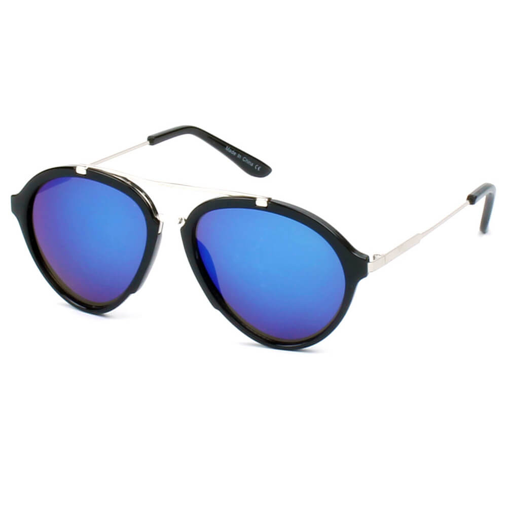 D19 - Round Brow-Bar Tear Drop FASHION SUNGLASSES Silver - Blue