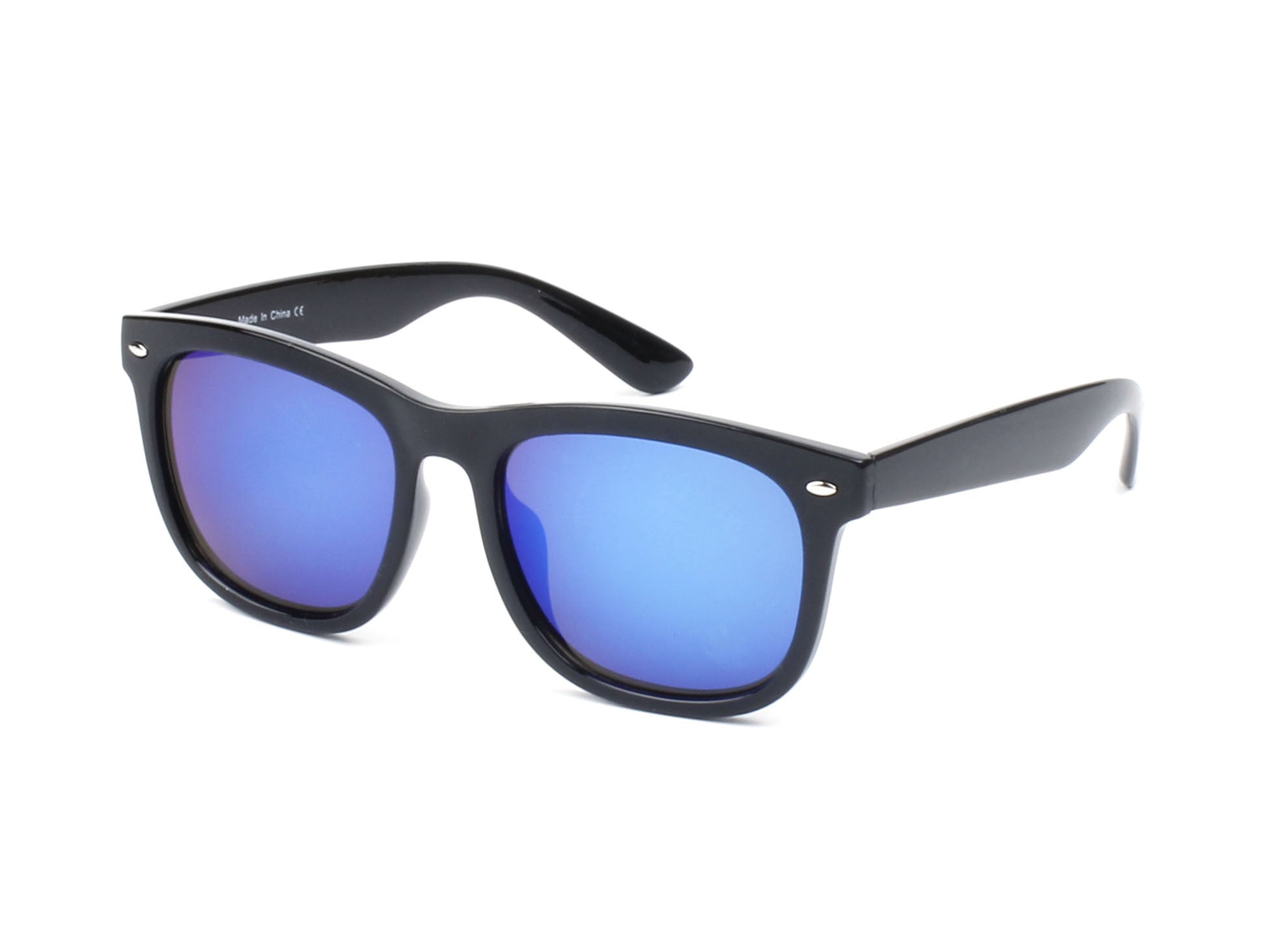 E06 - Classic Horned Rim Mirrored Lens Sunglasses Black - Blue