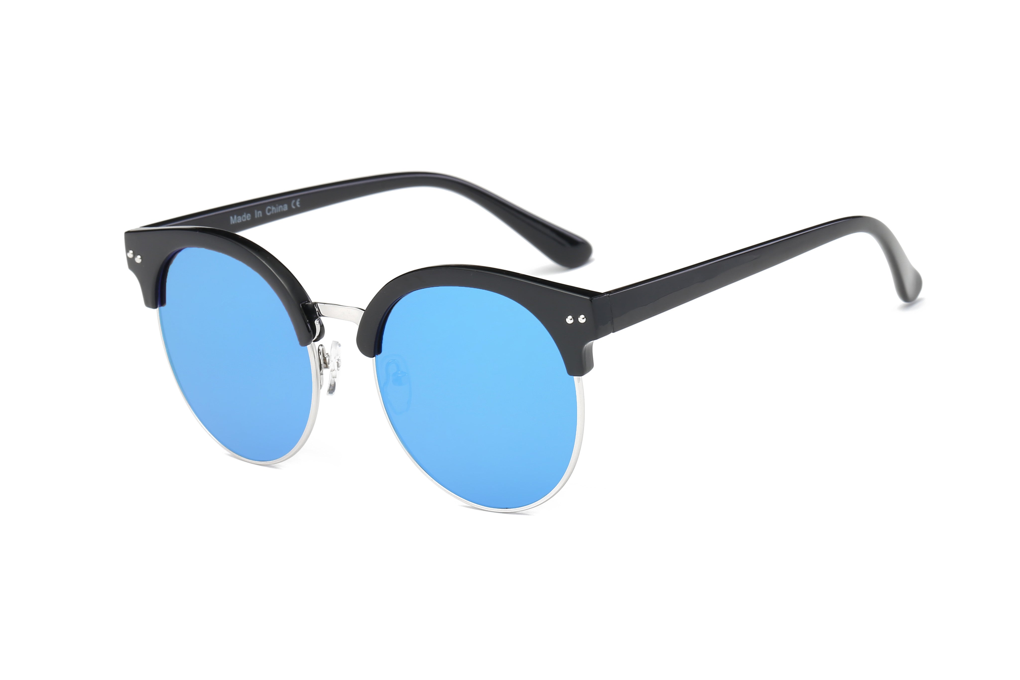 D66 - Retro FASHION Round Clubmaster Flat Lens SUNGLASSES Black Frame - Blue Lens