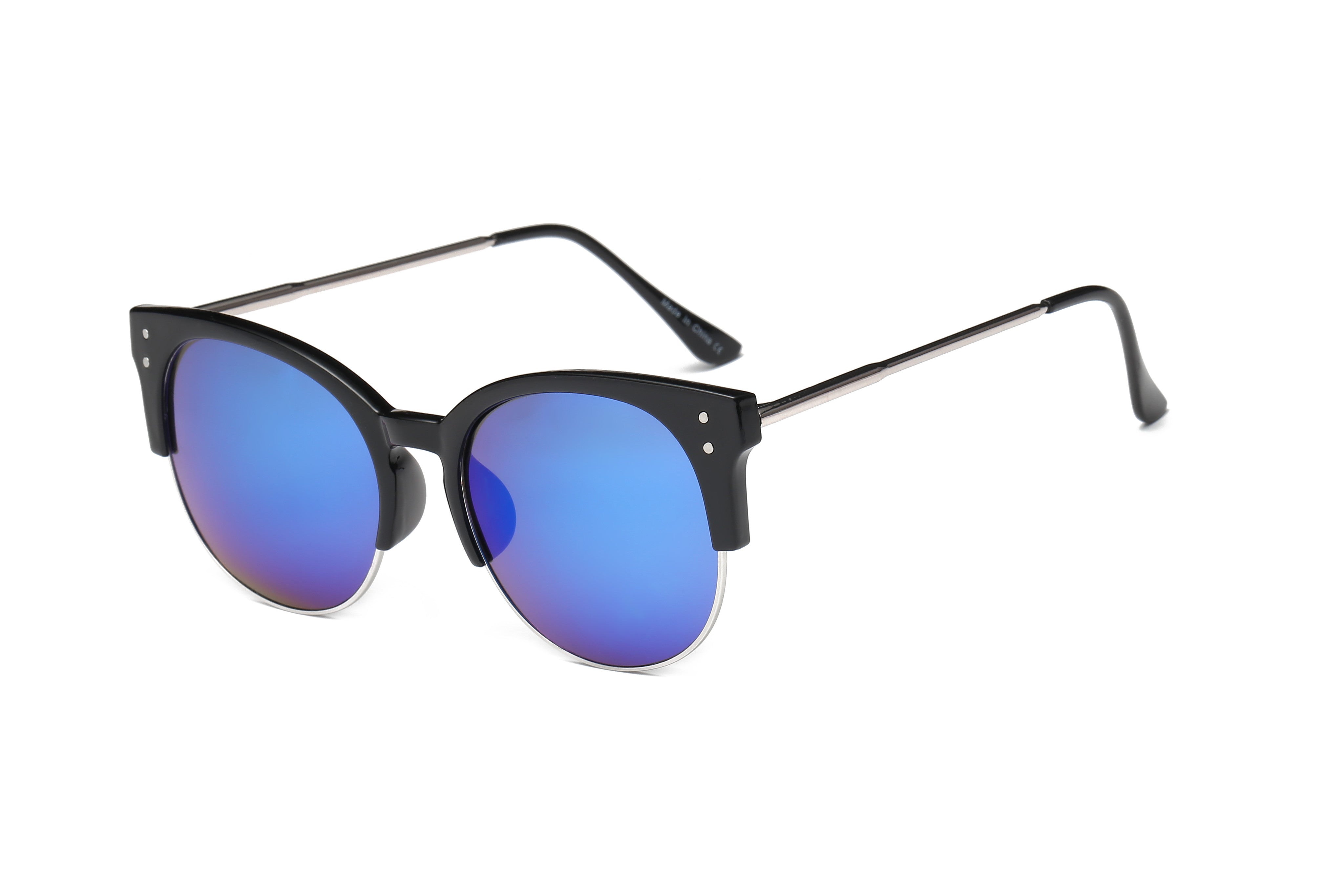 D68 - Round Mirrored Flat Lens Half FRAME Sunglasses Blue