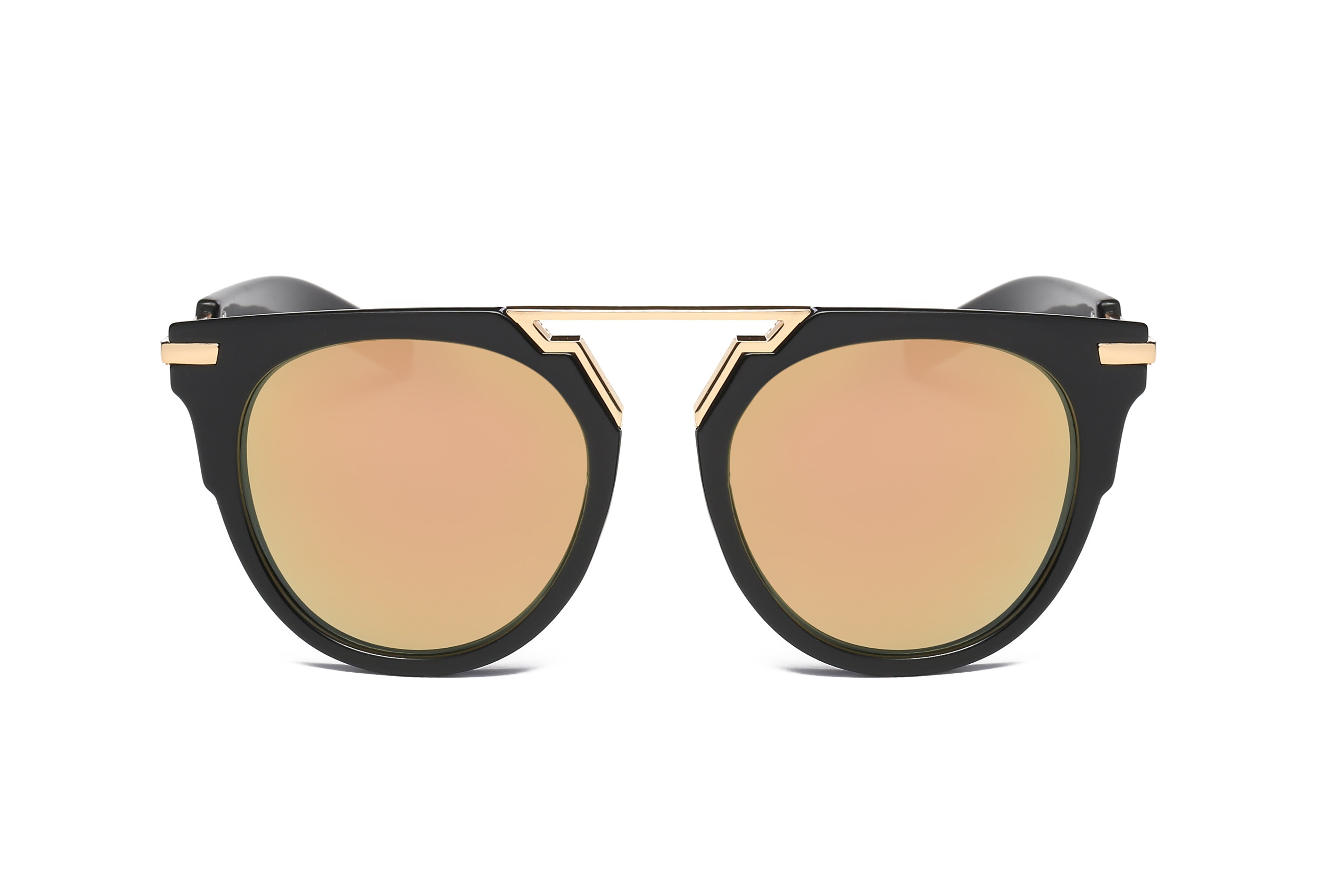S2004 - Classic Retro Fashion Brow-Bar Round SUNGLASSES Gold- Black Frame Peach Lens