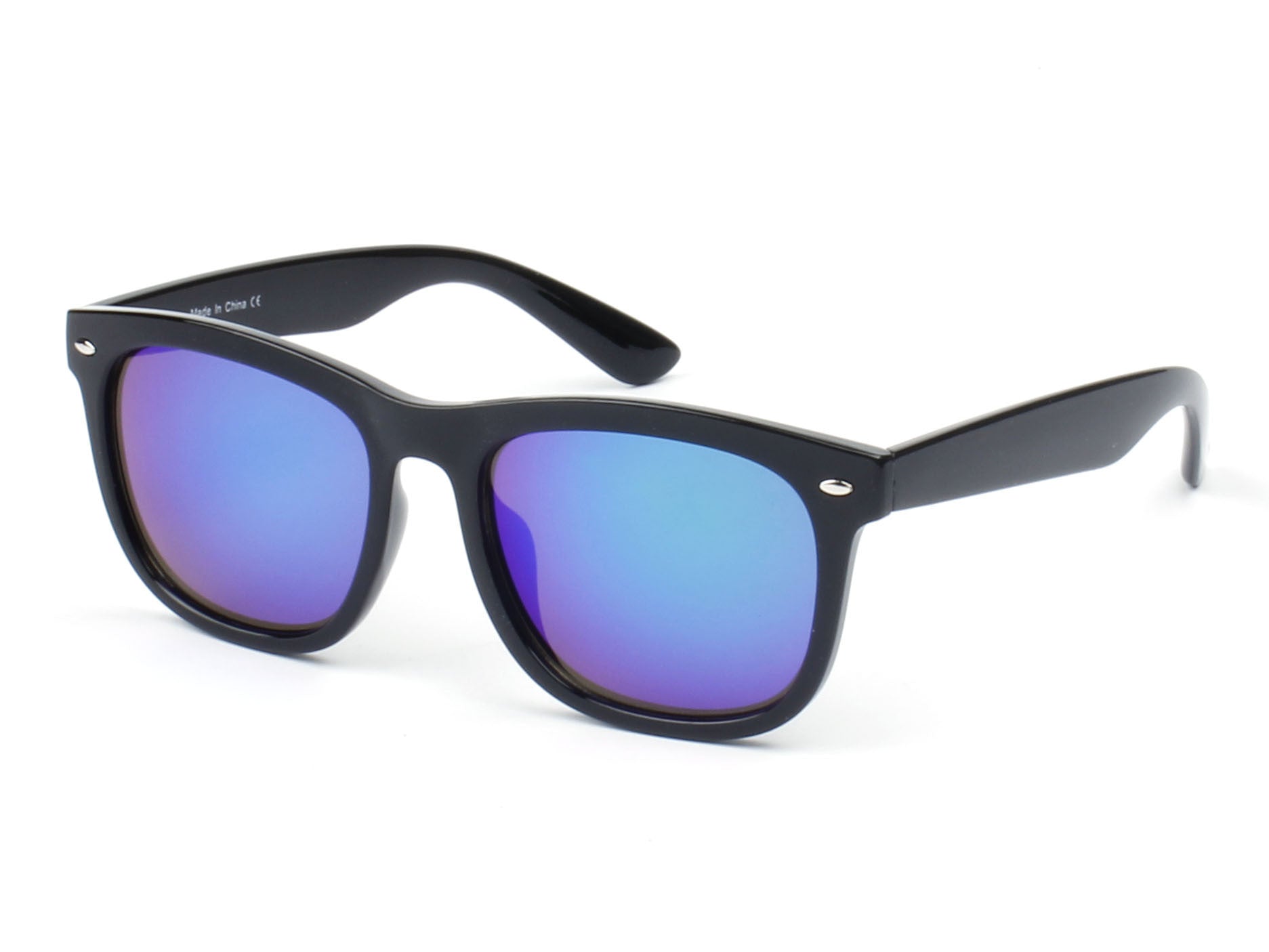 E06 - Classic Horned Rim Mirrored Lens Sunglasses Black - Blue Violet