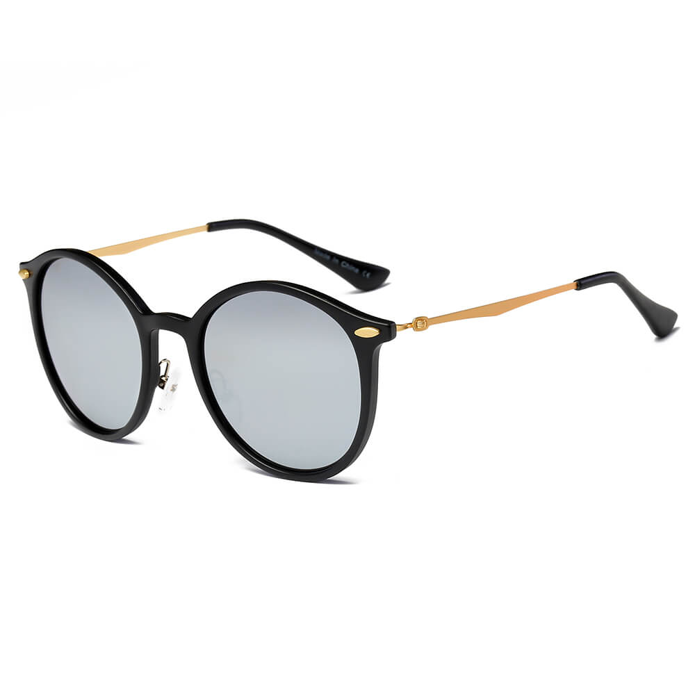 D32 - Retro Horn Rimmed Keyhole Bridge Round Fashion Sunglasses Silver