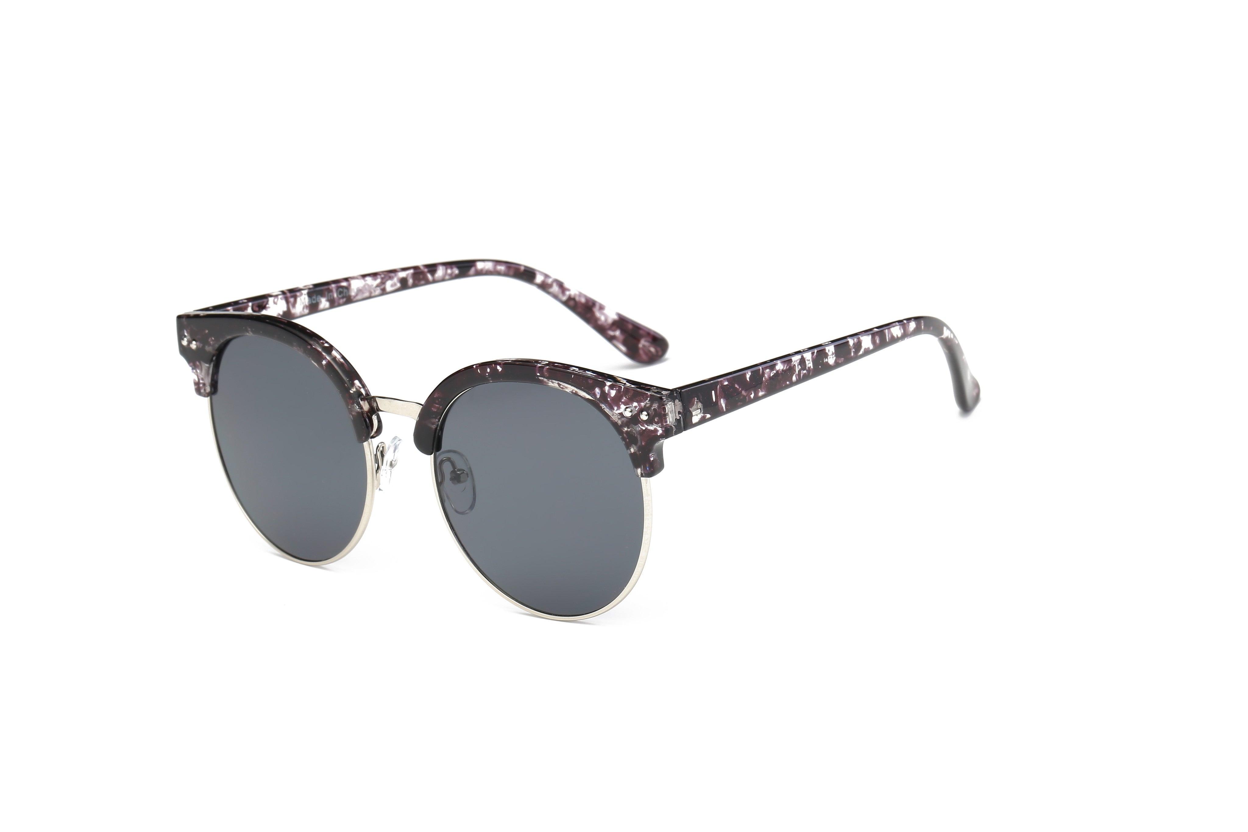 D66 - Retro Fashion Round Clubmaster Flat Lens Sunglasses Marble FRAME - Black Lens