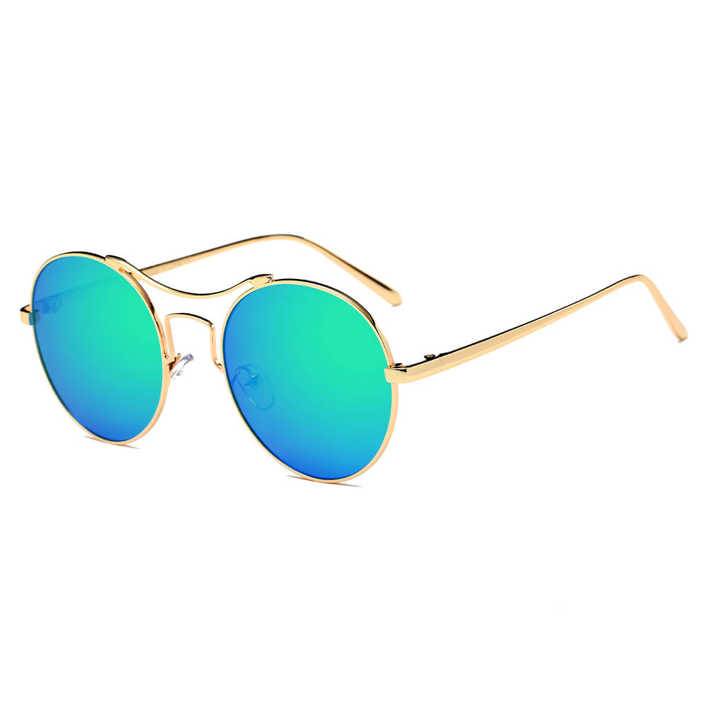 CD16 - Round Retro Reflective Fashion Circle Mirrored Sunglasses GOLD - Blue Green