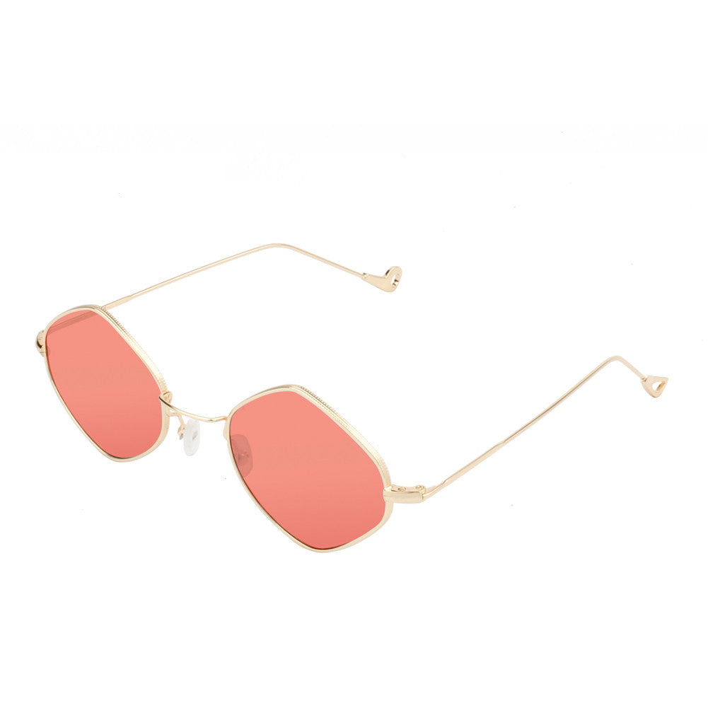 S2020 - Slim Diamond Shape Fashion Sunglasses Gold FRAME - Ruby Lens