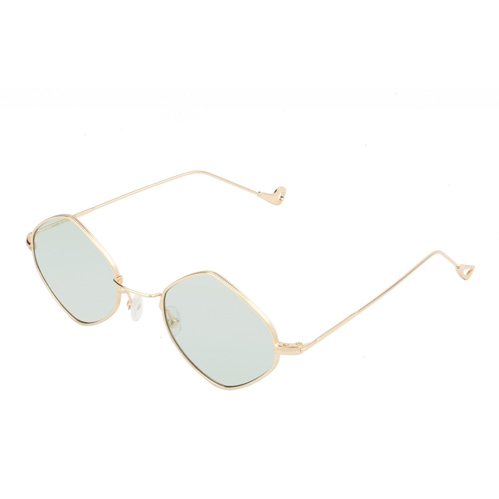 S2020 - Slim DIAMOND Shape Fashion Sunglasses Gold Frame - Green Lens