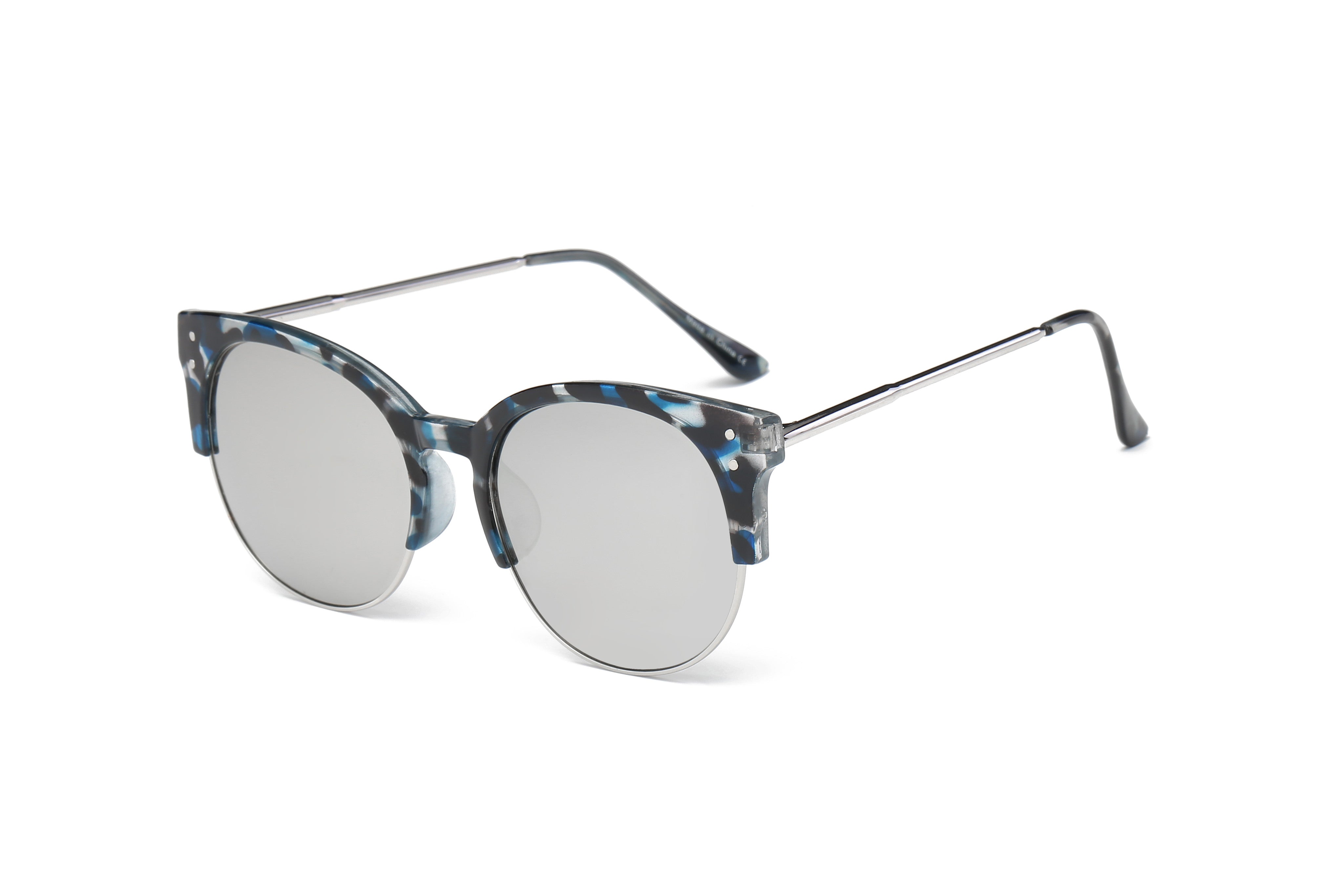 D68 - Round Mirrored Flat Lens Half FRAME Sunglasses Silver