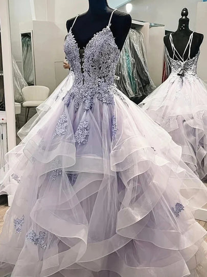 V Neck Backless Ruffles Appliques Tulle Blue Prom Dress Image 1