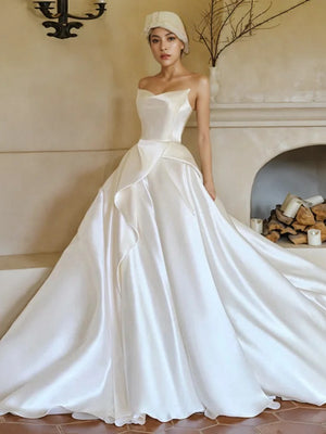 Ruched Satin A Line White Sweetheart Wedding Dress - Sassymyprom