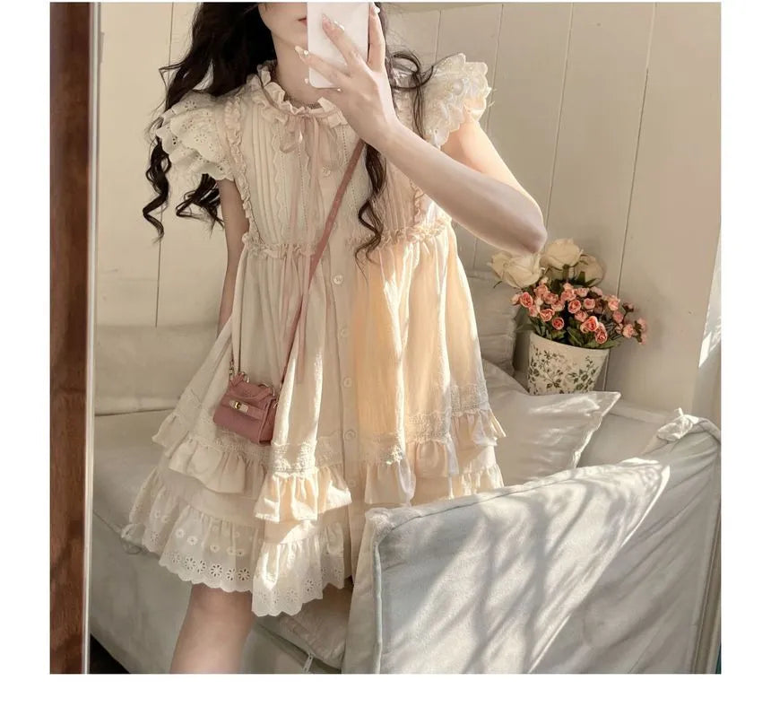 Sweet Flying Sleeve Pleated Tie Lace Dress - Image 2