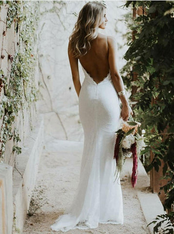 Low Cut Backless Lace Mermaid Spaghetti Straps Wedding Dress – Sassymyprom