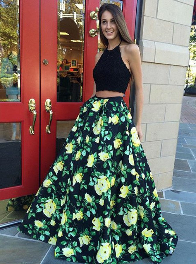 Two Piece Halter Long Print Black Floral Satin Prom Dress – Sassymyprom