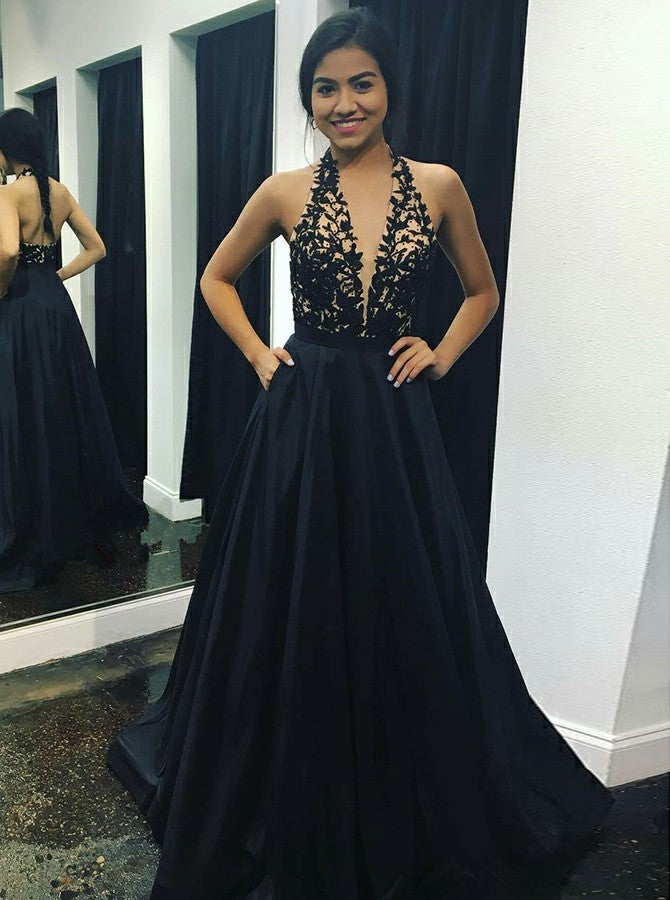A-Line V-Neck Appliques Pockets Black Stain Prom Dress – Sassymyprom