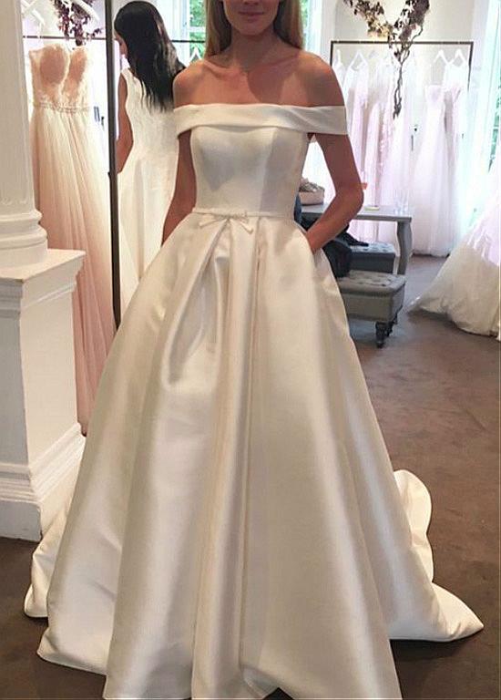 Satin Off-the-shoulder A-line Wedding Dresses With Pockets – Sassymyprom