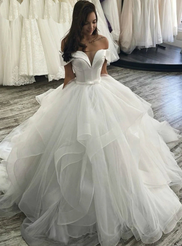 White Ball Gown Off the Shoulder Wedding Dress With Bow – Sassymyprom