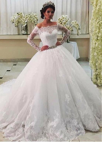 Belt Tulle Off-the-shoulder Long Sleeve Ball Gown Wedding Dress ...