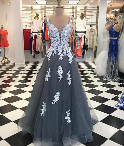 Gray Tulle A-Line Lace Long Prom Dress – Sassymyprom